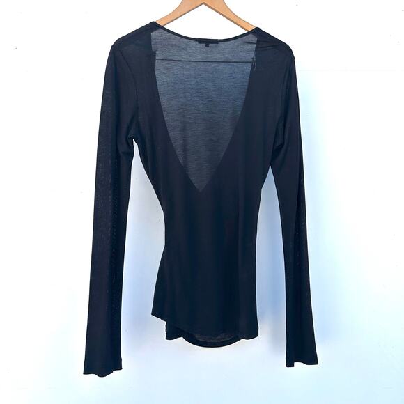 James Perse Deep V Faux Wrap Long Sleeve Thin Cotton Shirt Extra Large XL Black - Picture 5 of 8